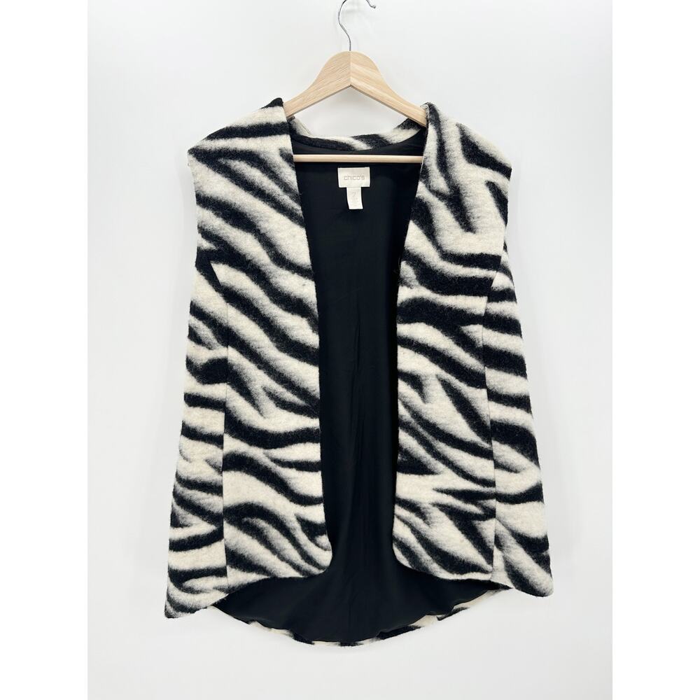 Chico's Women‎ 2 Large Zebra Print Open Front Wool Blend Vest Black Cream BU9
